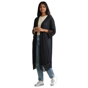 Vintage Womens Sheer Peignoir Dressing Gown Large Black Longline Lace Trim Sexy